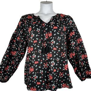 Sonoma Black Red Floral Popover Blouse XL‎ Casual Loose Flowy Cottagecore